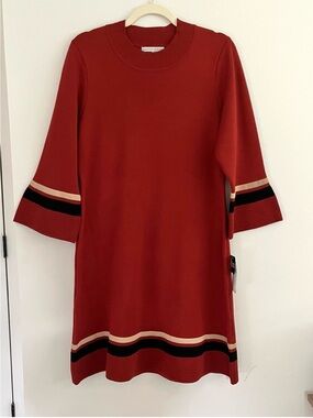 NWT Sandra Darren Red Ribbed Knit 3/4 Bell Flare Sleeve Fall Retro Boho Dress XL